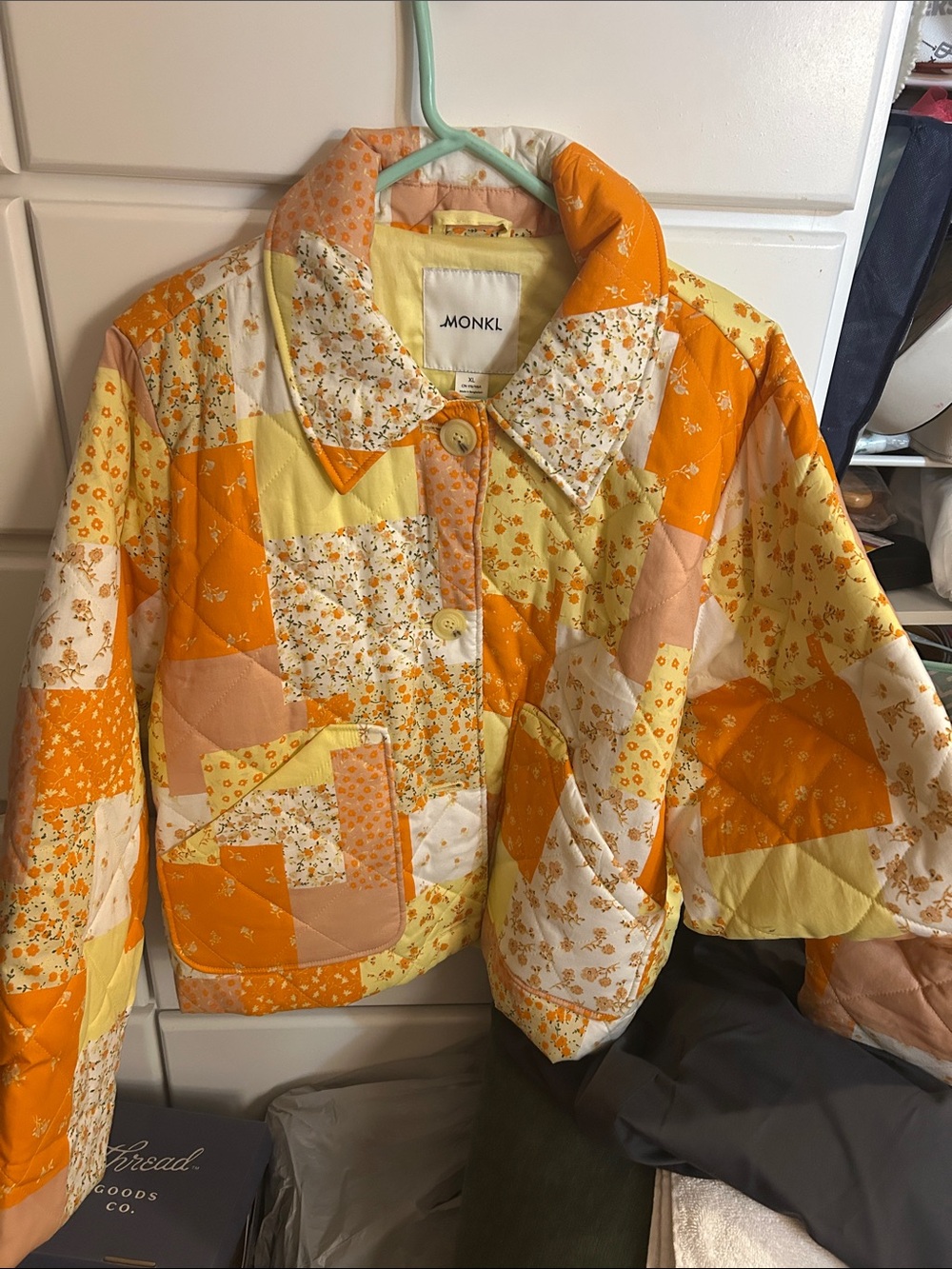 Monki Patchwork Quilted Jacket in Orange, Yellow & Cream